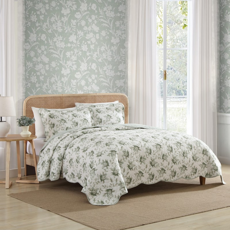 Laura Ashley Portland Floral Cotton Reversible Green Quilt Set