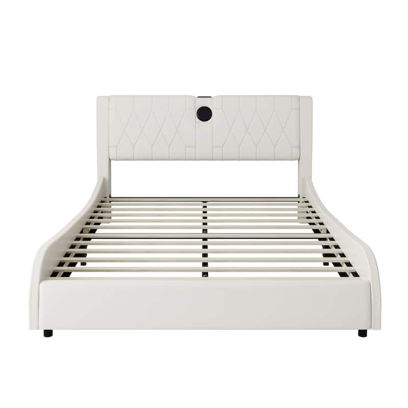 Queen Size Luxurious Faux Leather Platform Bed with Thickened Headboard