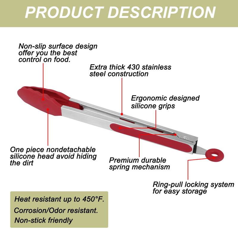 Stainless Steel Kitchen Tongs Silicone Tipped BBQ Cooking Tongs - Burgundy - 12"