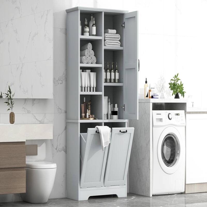 Bath Cabinet with Laundry Hamper, Adjustable Shelves, Drawers Storage