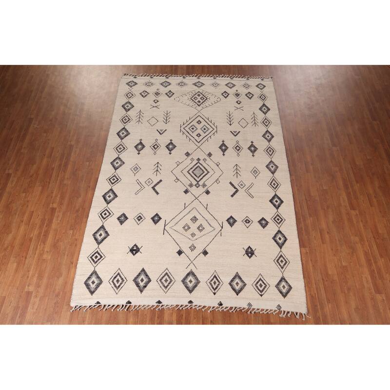 Ivory Moroccan Area Rug Hand-Knotted Wool Carpet - 7'10"x 11'9"