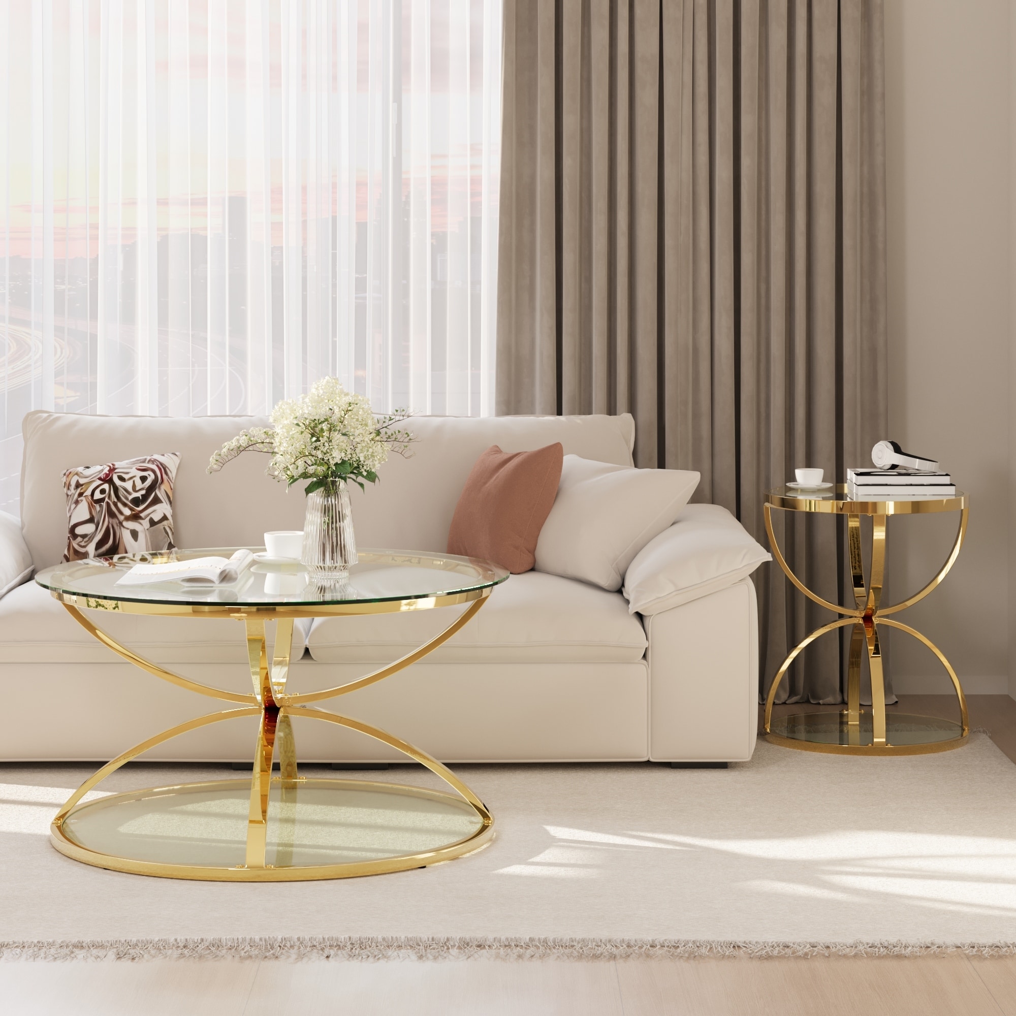 Modern Glass Coffee Table Set with 2 Tiers, Ring-Shaped Frames, Chrome Finish and Gray Tempered Glass, Round Coffee Table Set