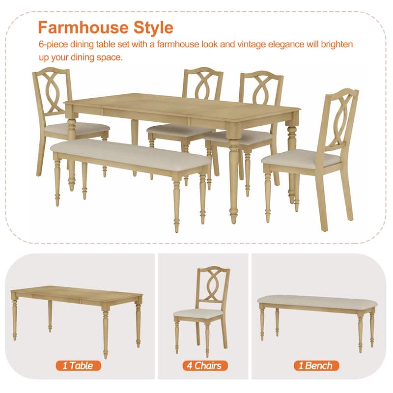 6 Piece Dining Table Set, Table with Bench & 4 Cross-Back Chairs, Oak