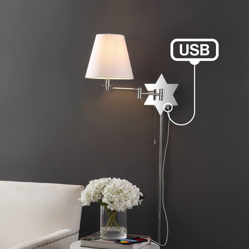 Antler 18.5" 1-Light Modern Swing Arm Plug-In or Hardwired LED Star Sconce with Pull-Chain and USB Charging Port by JONATHAN Y