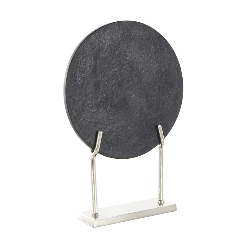Black Marble Textured Disk Abstract Sculpture with Silver or Gold Stand