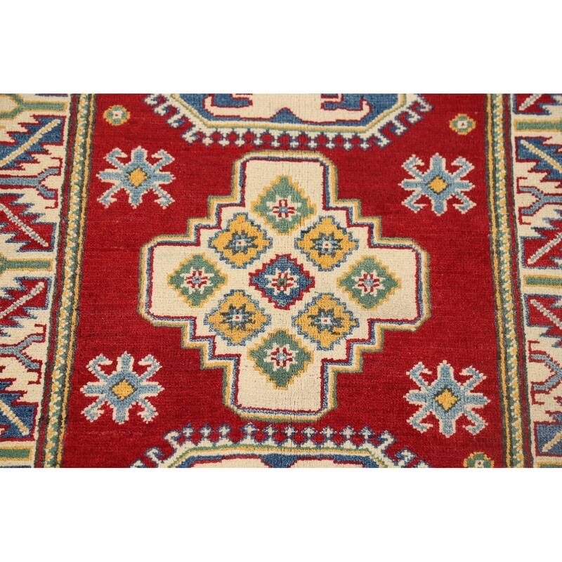 Geometric Red Kazak Foyer Rug Hand-Knotted Wool Carpet - 2'8" x 4'1"