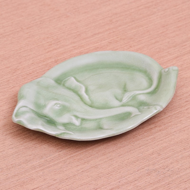 Novica Handmade Elephant At Rest In Green Celadon Ceramic Plate