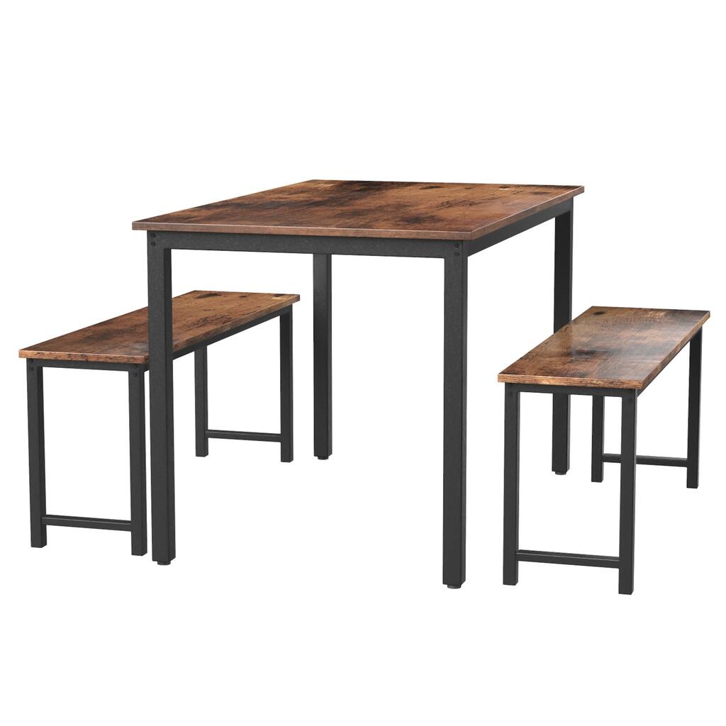 Moda 3 Pieces Farmhouse Kitchen Table Set with Two Benches, Metal Frame and MDF Board