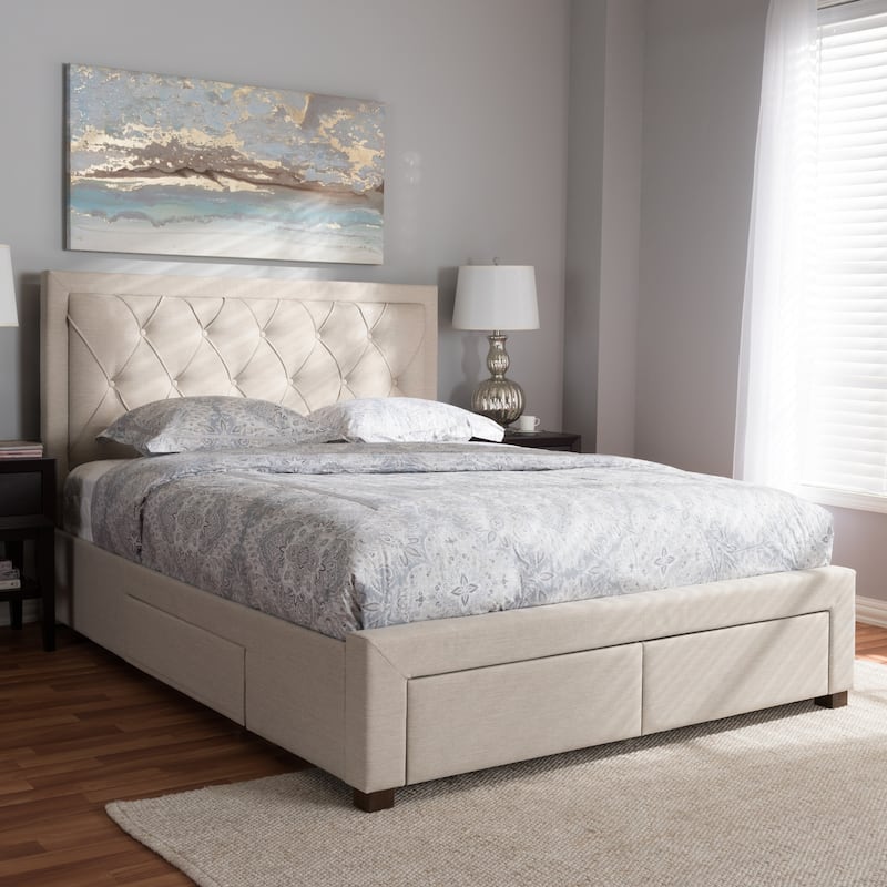 Modern Fabric Storage Bed - Beige Upholstered Platform Bed Frame - Low Profile Bed for Bedrooms