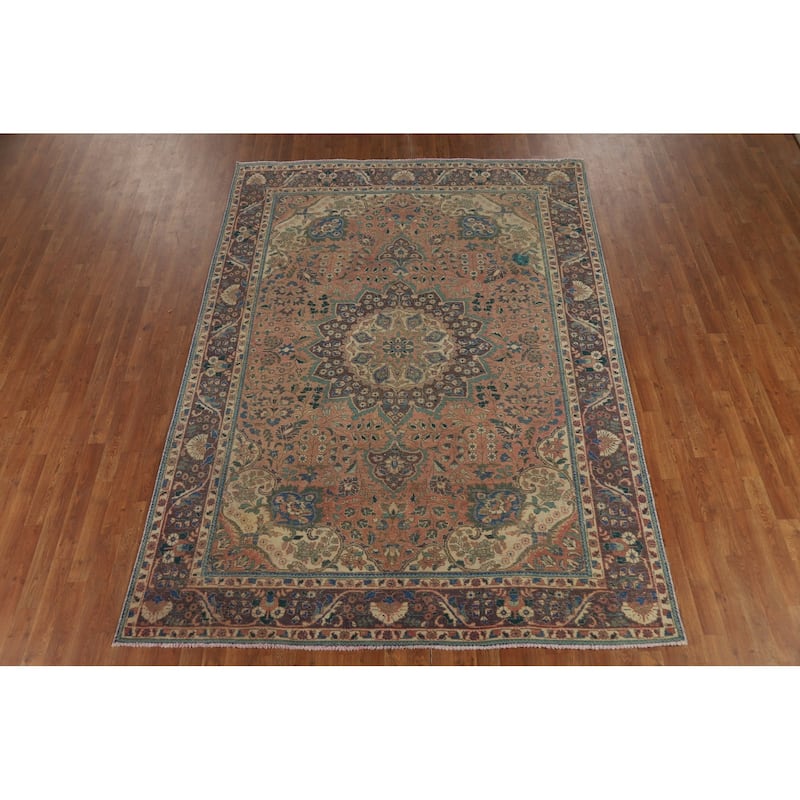 Medallion Tabriz Persian Vintage Rug Hand-Knotted Pink Wool Carpet - 6'10" x 9'8"
