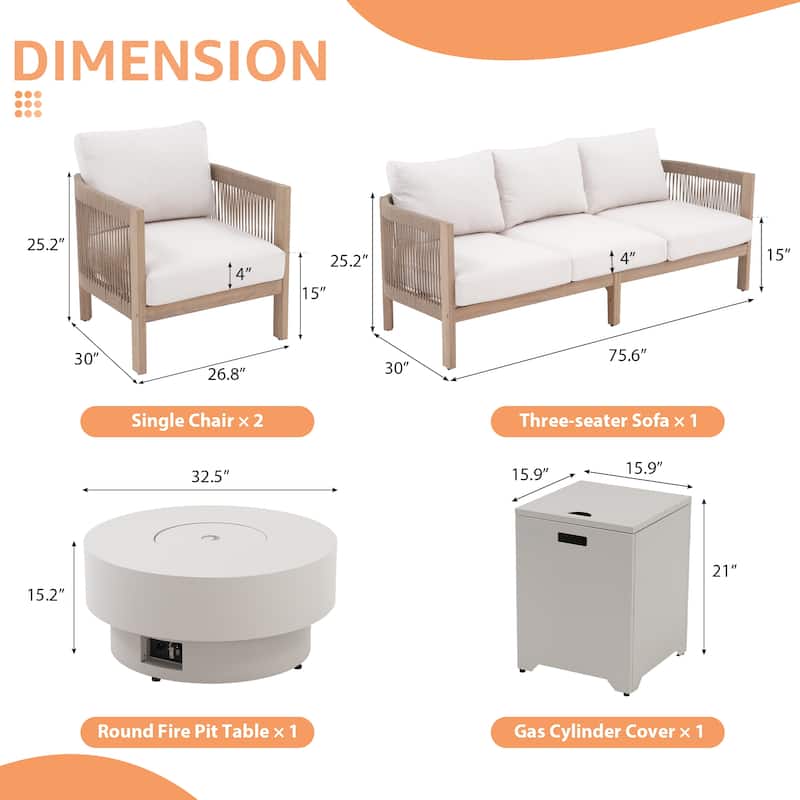 Outdoor 5-Piece Conversation Set with Fire Pit 3-Seater Sofa and Arm Chair