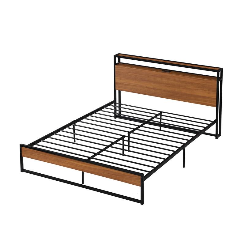 Queen Size Metal Platform Bed Frame Sockets USB Ports and Slat Support