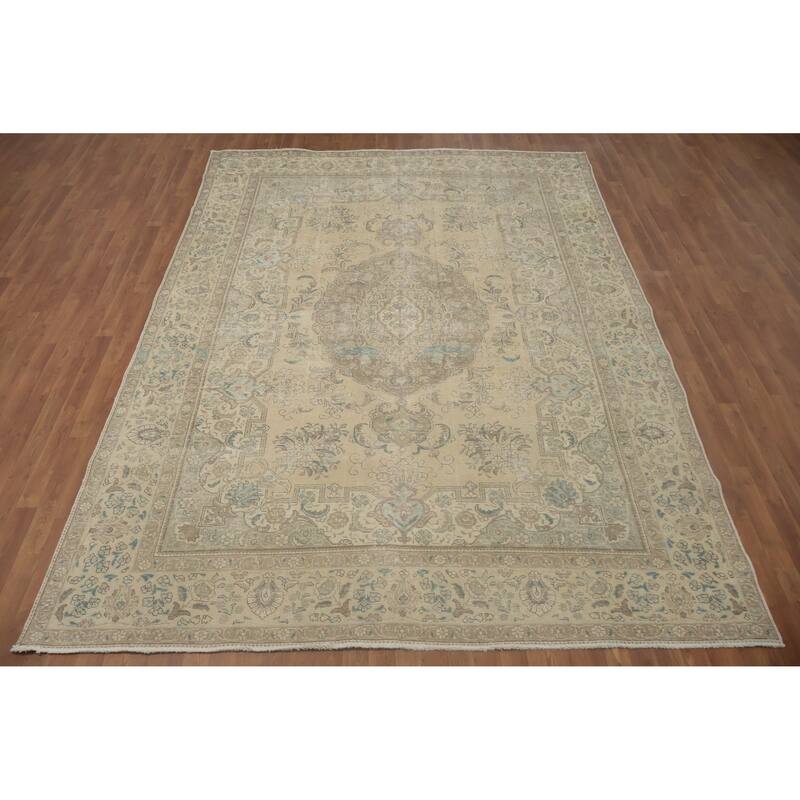 Hand Knotted Oriental 100% Wool Carpet Traditional Floral Beige & Ivories Tabriz Area Rug - 11' 8'' X 8' 1''