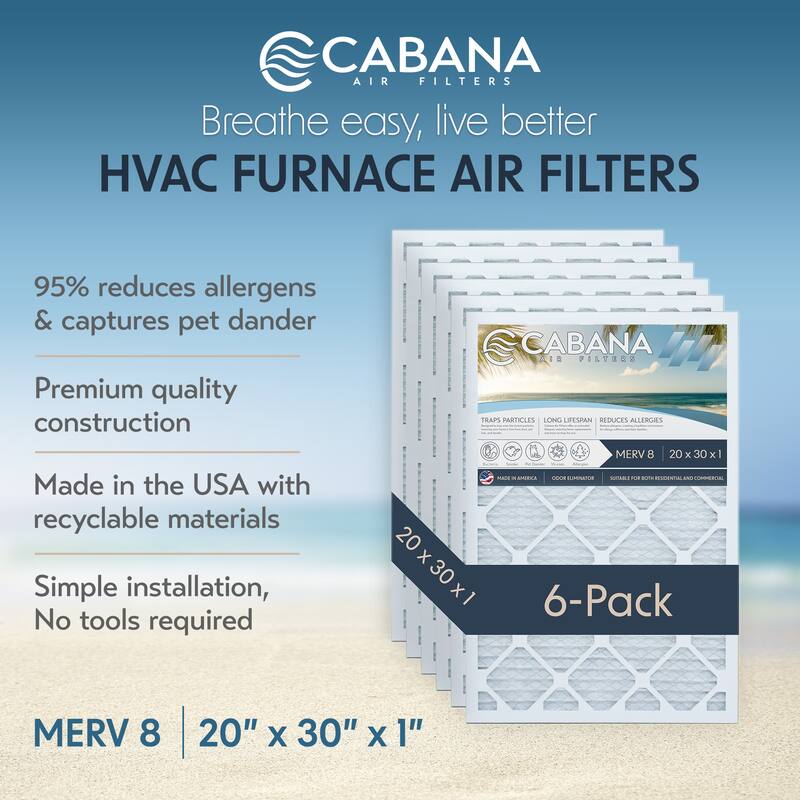 Cabana Air Filters 6 Pack HVAC Furnace Air Filters, MERV 8, 20 x 30 x 1, White - 0.93