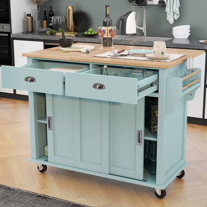 Rolling Kitchen Island with Drop-Leaf Countertop, Adjustable Shelves, 2 Drawers & Sliding Barn Door - Mint Green - Green