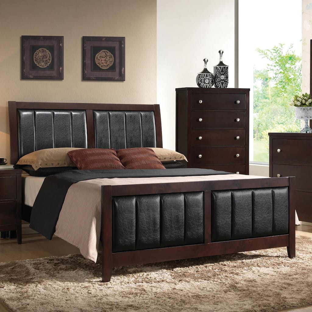Queen Panel Bed in Black Faux Leather with Cappuccino Finish