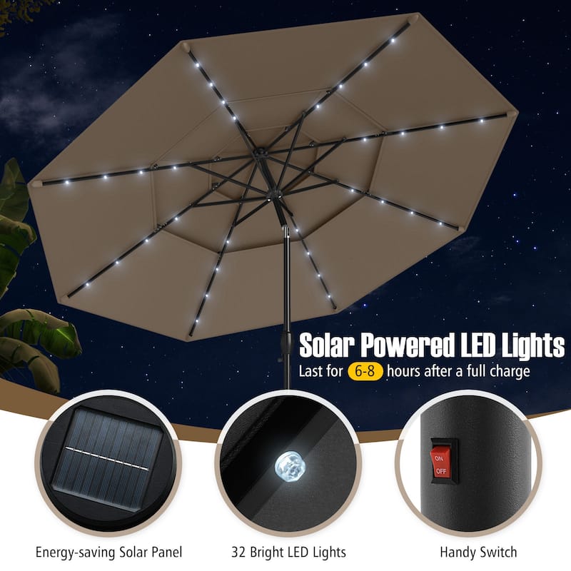 Gymax 10 FT Solar Patio Umbrella w/ 32 LED Lights 3-Tier Vented Top