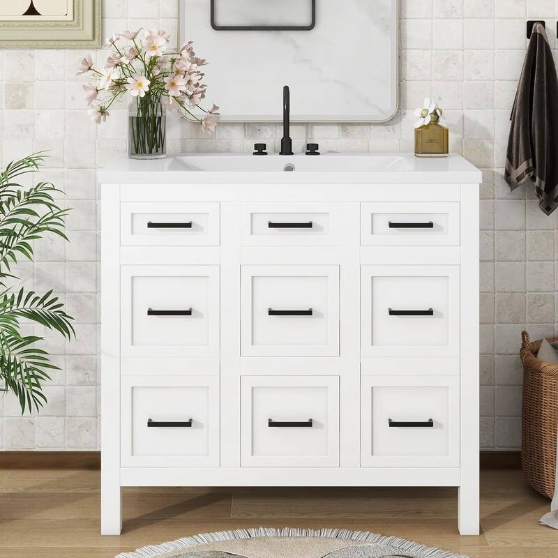 36 Inch Bathroom Vanity with Resin Sink, 2 Door and 4 Drawers, Modern