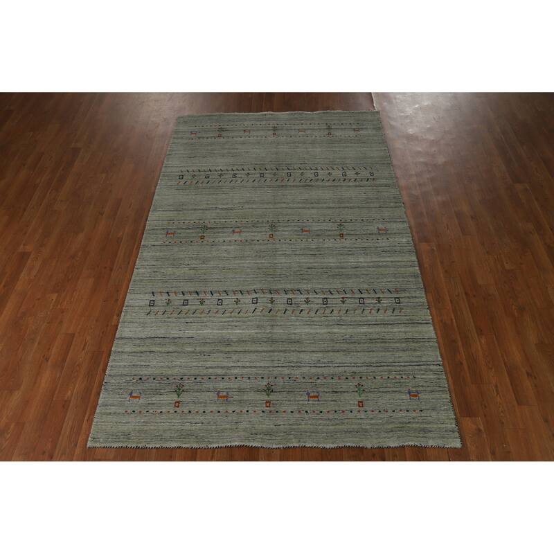 Hand Knotted Oriental 100% Wool Carpet Tribal Animal Pictorial Green Gabbeh Area Rug - 8' 1'' X 4' 11''
