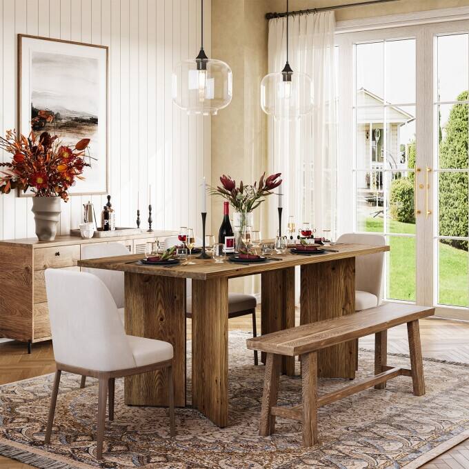 63-Inch Solid Wood Dining Table, Farmhouse Long Kitchen Table