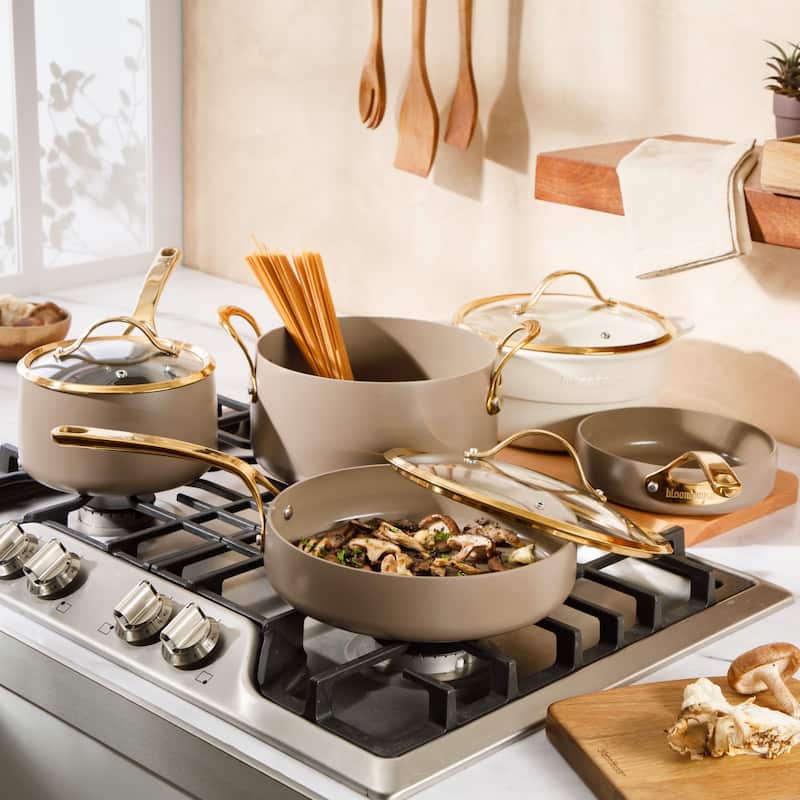 Bloomhouse Pots and Pans Heavy Duty Aluminum Premium PFA Free Ceramic Nonstick - Cappucino Cream with Gold Handle