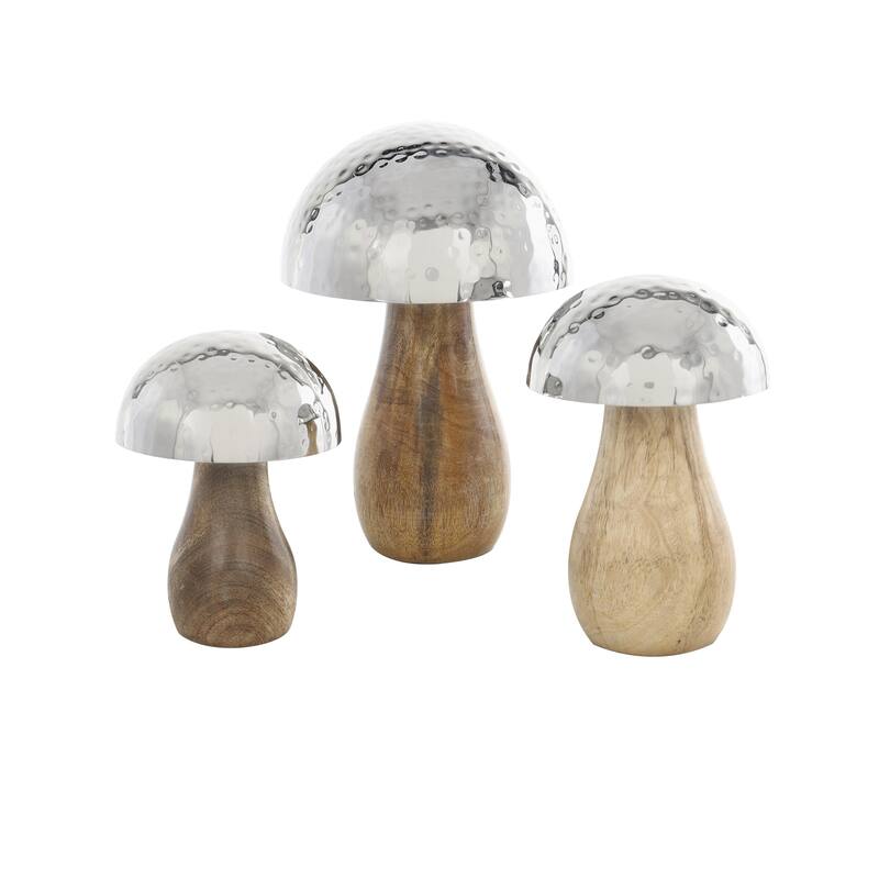 Stainless Steel Metal Mushroom Handmade Hammered Decorative Sculpture - Set of 3 Gold or Silver - Roche River Decor - Silver - 9", 7", 6"H
