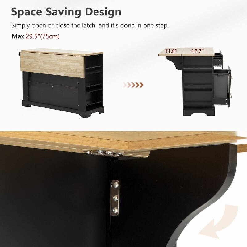 Rolling Kitchen Island with 6 Drawers, Pull-Out Trash Can Storage, Drop Leaf, Power Outlet & Side Racks
