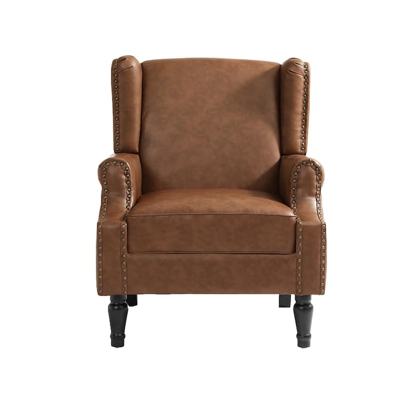 Mid-Century Modern Linen/ Vegan Leather Wing Back Accent Chair