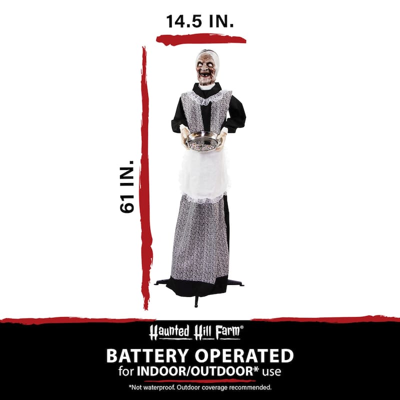 Haunted Hill Farm 5-Ft. Emma the Animated Zombie Housemaid Holding a Tray, Indoor or Covered Outdoor Decoration