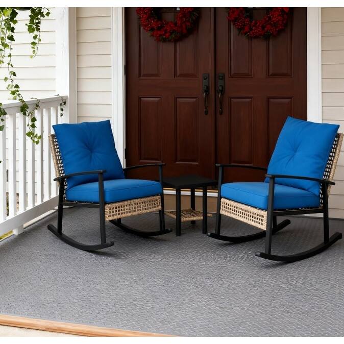 GDFStudio Outdoor 2 Rocking Chairs & Side Table Furniture Set - Blue
