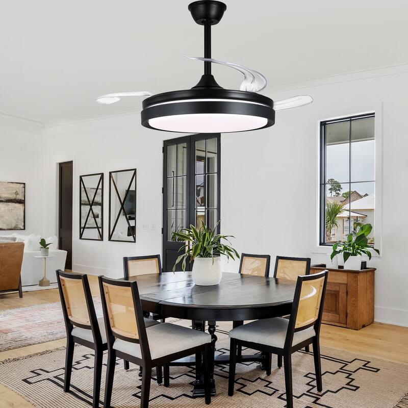 Cusp Barn 42 Inch Retractable Ceiling Fan with Lights, Modern Silent DC Motor 6 Speeds Chandelier Ceiling Fan for Bedroom