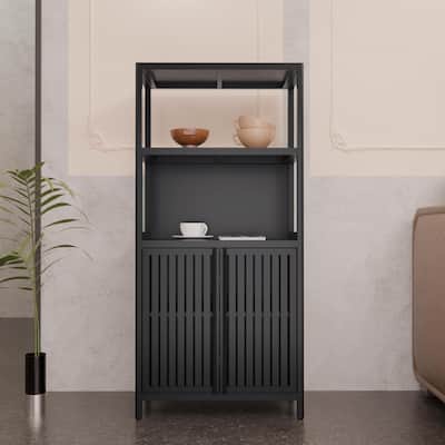 Black Bamboo Storage Cabinet, Separate Cabinet With 2 Doors, Floor Cabinet Organizer For Living Room, Kitchen, Entrance