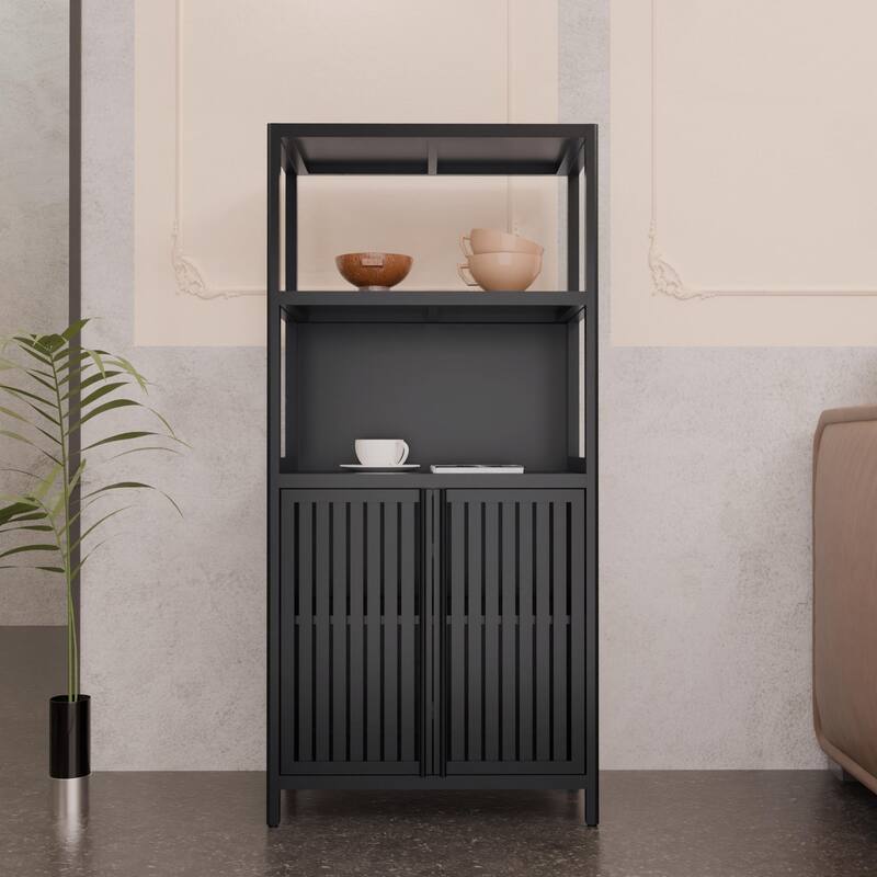 Black Bamboo Storage Cabinet,Separate Bathroom Cabinet With 2 Doors,Floor Cabinet Organizer - Black