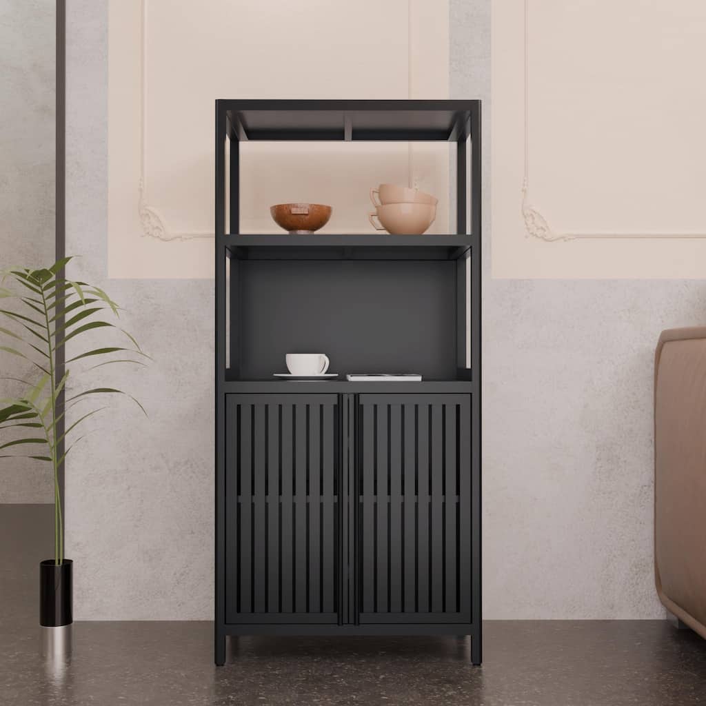 Black Bamboo Storage Cabinet,Separate Bathroom Cabinet With 2 Doors,Floor Cabinet Organizer