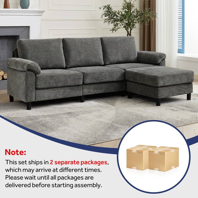 90" L-Shaped Chenille Upholstered 3-Seater Sofa Couch Sectional Sofa with Ottoman