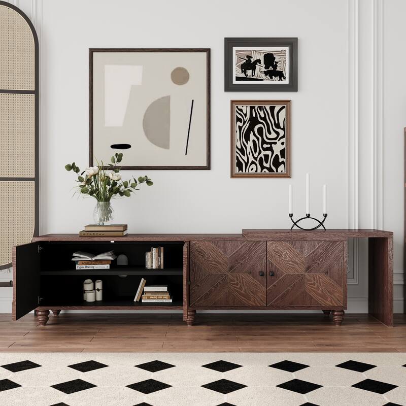 70"-90" Extendable TV Stand, Stylish Entertainment Center with Storage and Adjustable Shelves, Mid Century Wood TV Console