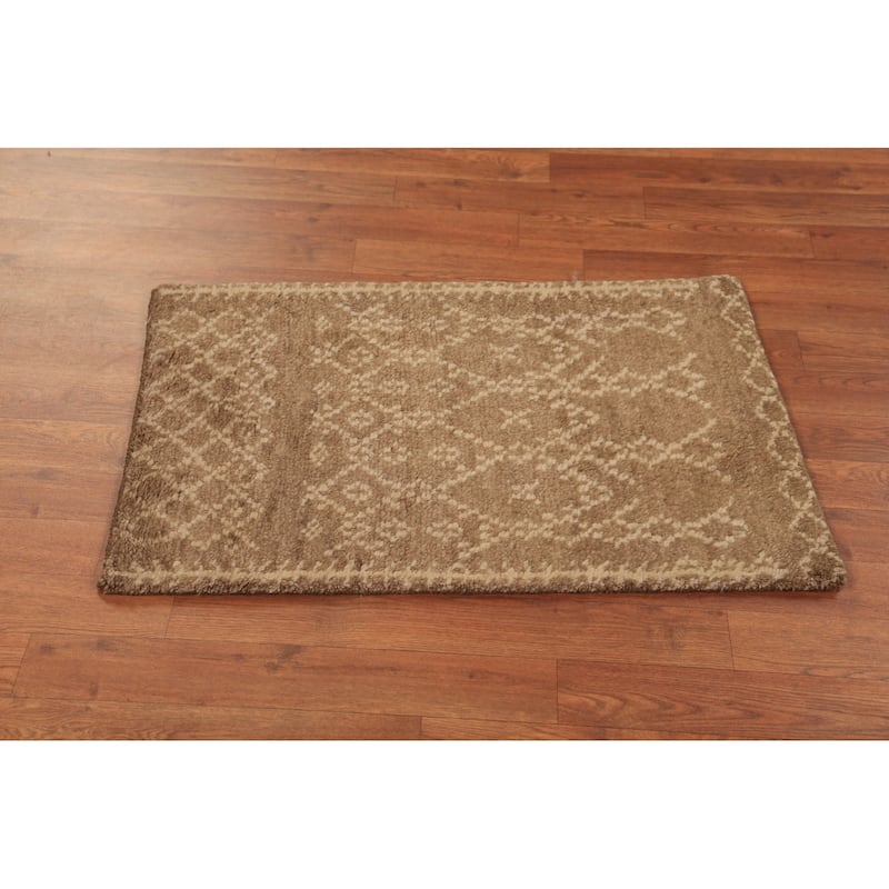 Geometric Moroccan Oriental Foyer Rug Handmade Brown Wool Carpet - 2'0"x 3'0"