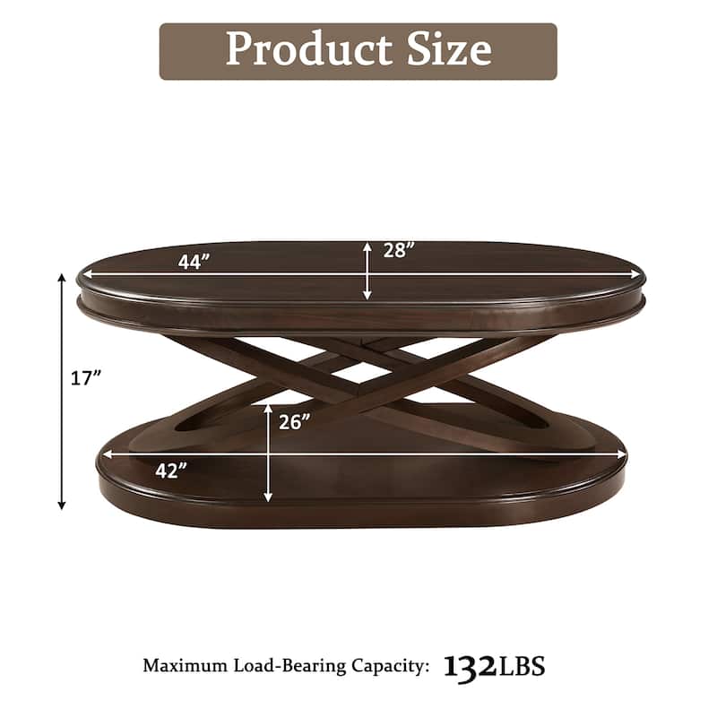 44 Inch Wood Oval Coffee Table with X-Shaped Base, Cocktail Table with Open Storage, Sofa Center Table for Living Room