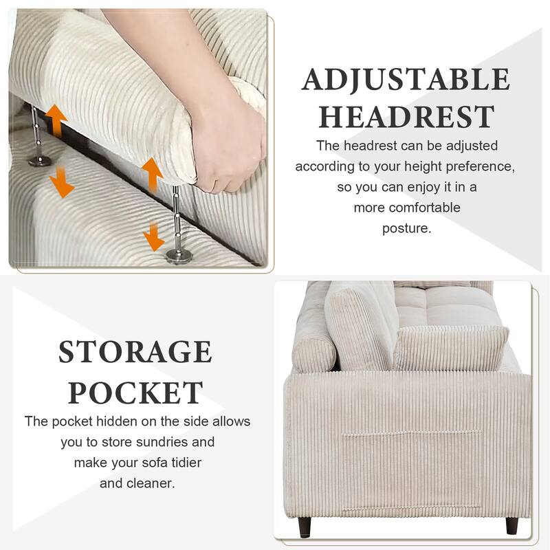 122" Corduroy Modular Sectional Sofa with Convertible U/L-Shape Design and Storage Pockets