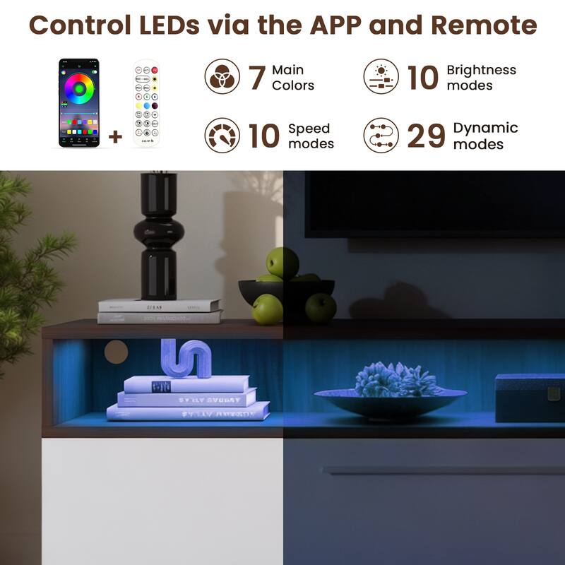 Meyreso 70.8" Modern High Gloss White & Walnut TV Stand with LED Lighting and Open Storage - 70 inches