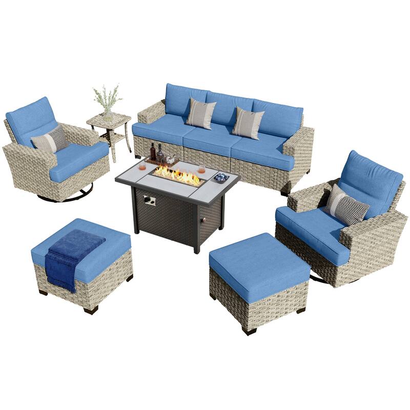 HOOOWOOO 9-piece Wicker Patio Furniture Swivel Rocking Chair Set with Fire Pit