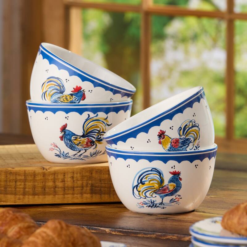 Certified International French Rooster 5.25" Ice Cream/Dessert Bowls, Set of 4 Assorted Designs - 5.25"L x 5.25"W x 3.00"H