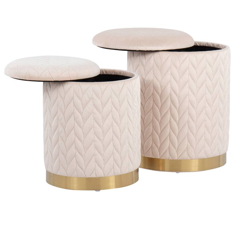 Marla Contemporary/Glam Quilted Ottoman Set in Gold Metal and Velvet by LumiSource - Cream - Small