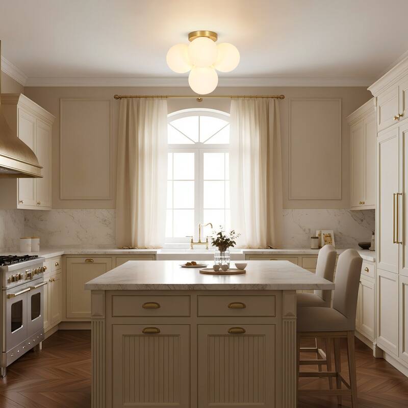 5-Light Modern Gold Frosted Glass Globe Semi-Flush Mount Light - 15 in. diameter × 12.2 in. height