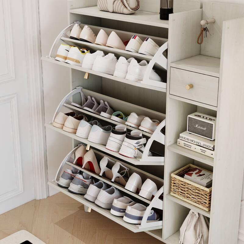 Shoe Rack Cabinet with 3 Rattan Flip Drawers,3 Square Shelves,1 Storage Drawer,Shoe Organizer with Mulit Storage Space and Hooks