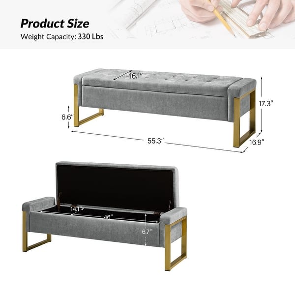 dimension image slide 3 of 6, Alina Modern Upholstered Flip Top Storage Bench with Metal Legs by HULALA HOME