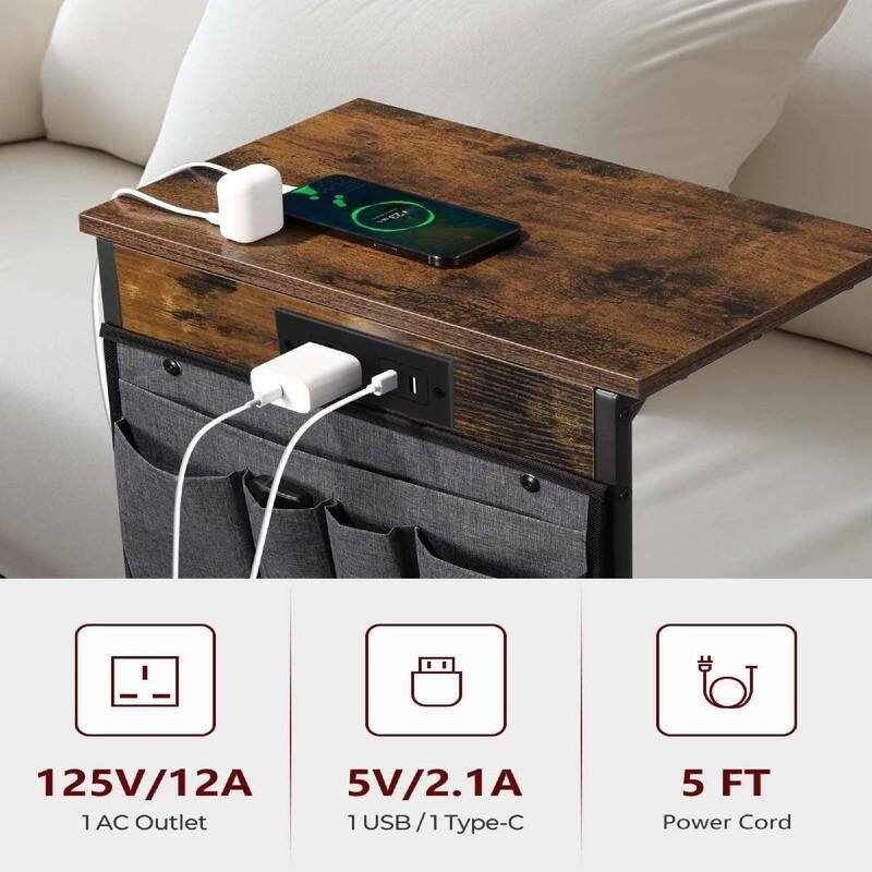 C Shaped End Table with Charging Station - 16"D x 10"W x 28"H