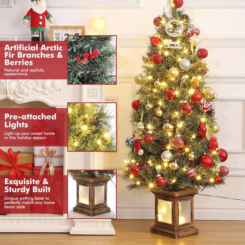 4.5FT Pre-Lit Christmas Tree Holiday Xmas Tree with Lighting Vintage Potted Base