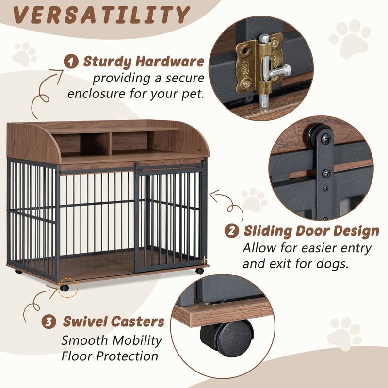 44" Heavy Duty Dog Crate Furniture with Lockable Wheels, Storage & Sliding Door for Medium to Large Dogs
