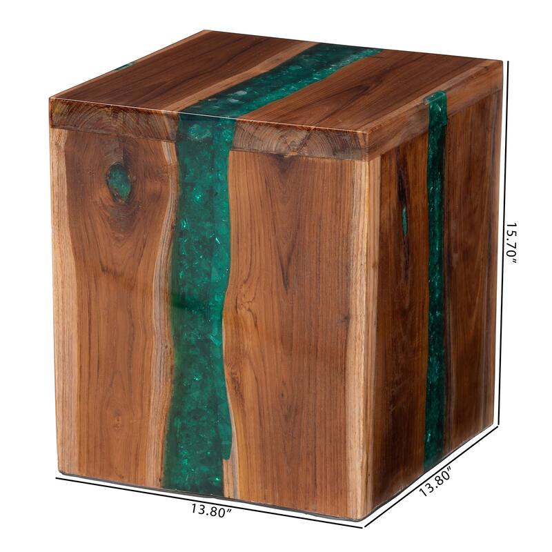 Anan Teak Wood Epoxy Resin End Table - Live Edge Cube Side Table, Handcrafted Modern Rustic Accent Table